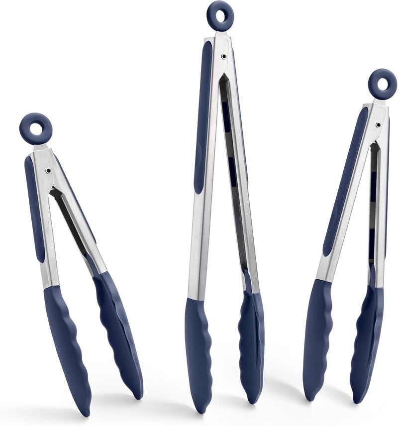 Doosu Kitchen Tongs for Cooking - 600°F Heat Resistant Food Tong Set with Non-Scratch Silicone Tips, Heavy Duty Stainless Steel Locking Tong for BBQ, Grilling Steak, Serving (7+9+12in, Navy Blue) - Image 1
